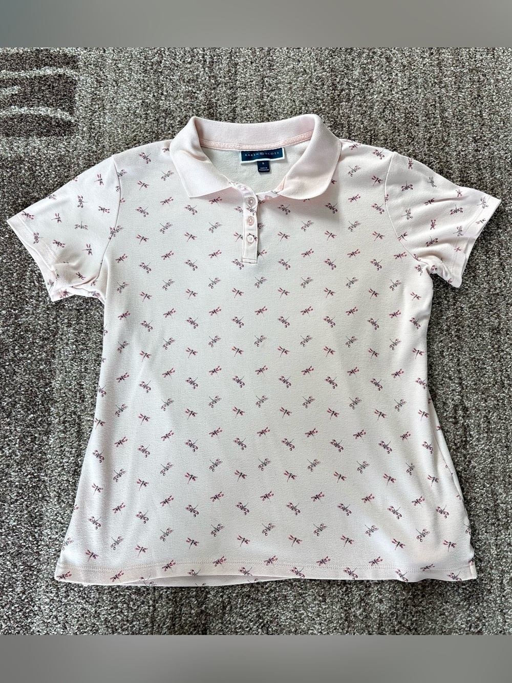 Karen Scott Women’s Polo Light Pink Dragonfly Print Shirt Small